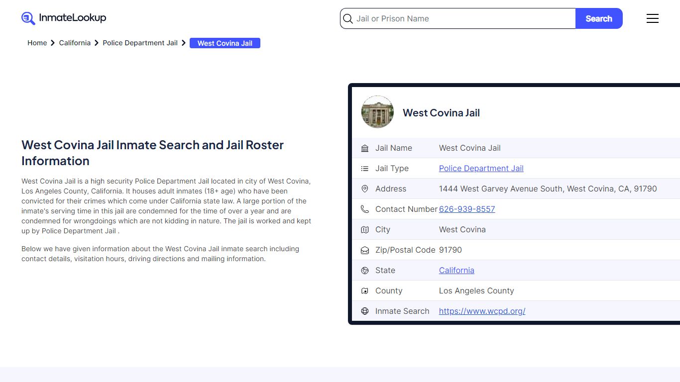 West Covina Jail Inmate Search and Jail Roster Information